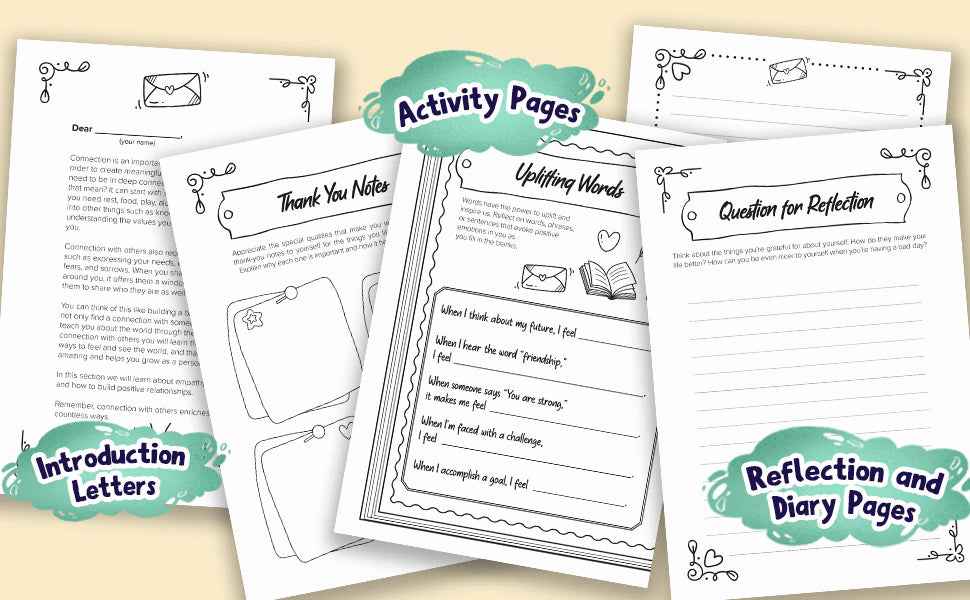 Activity pages: Introduction Letters, Thank You Notes, Uplifting Words, and Reflection and Diary Pages.