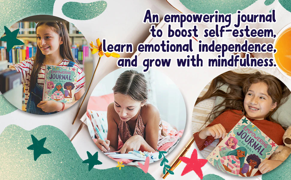 Girls reading and writing in Empowering Journal for Girls: an empowering journal to boost self-esteem