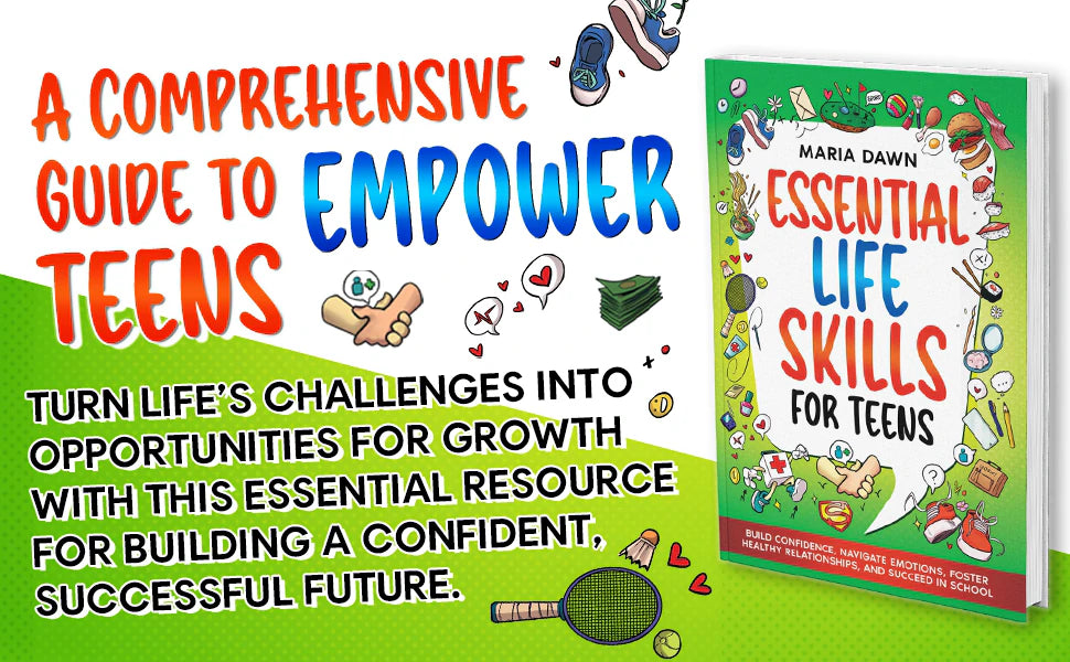 A comprehensive guide to empower teens: Essential Life Skills for Teens by Maria Dawn among sneakers, a racket and doodles.
