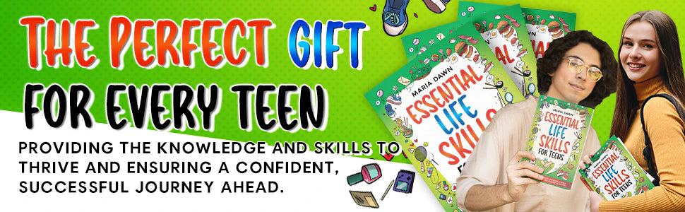 Two smiling teens with copies of Essential Life Skills for Teens: the perfect gift for every teen.