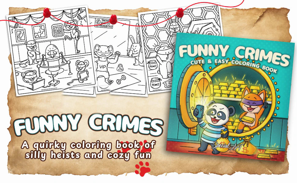 Funny Crimes, Cute & Easy Coloring Book: the cover, with a panda and a fox in a bank vault, beside three black and white pages.