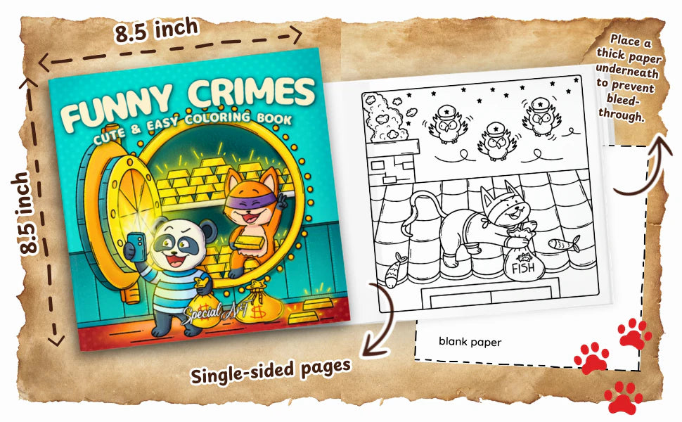 Funny Crimes is 8.5 by 8.5 inches with single-sided pages and a blank back. A note says: place a thick paper underneath to prevent bleed-through.