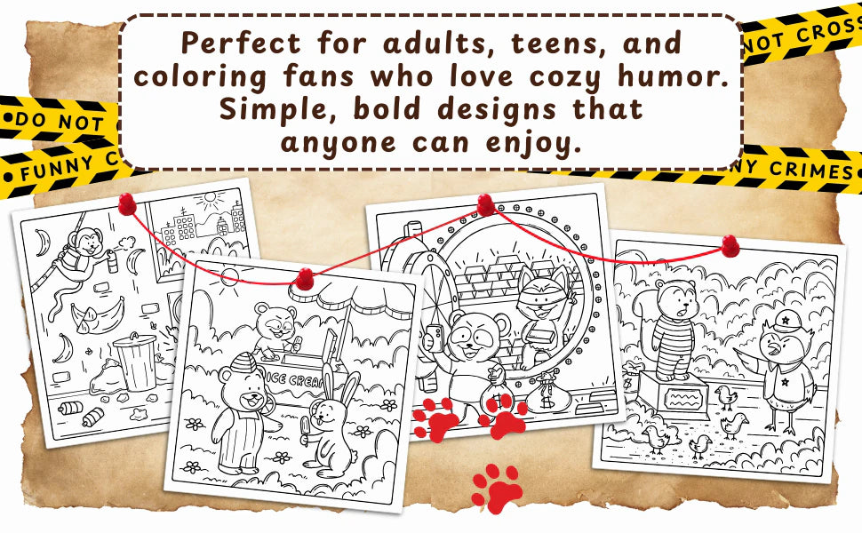Four black and white pages behind crime-scene tape: perfect for adults, teens and coloring fans who love cozy humor. Simple, bold designs that anyone can enjoy.