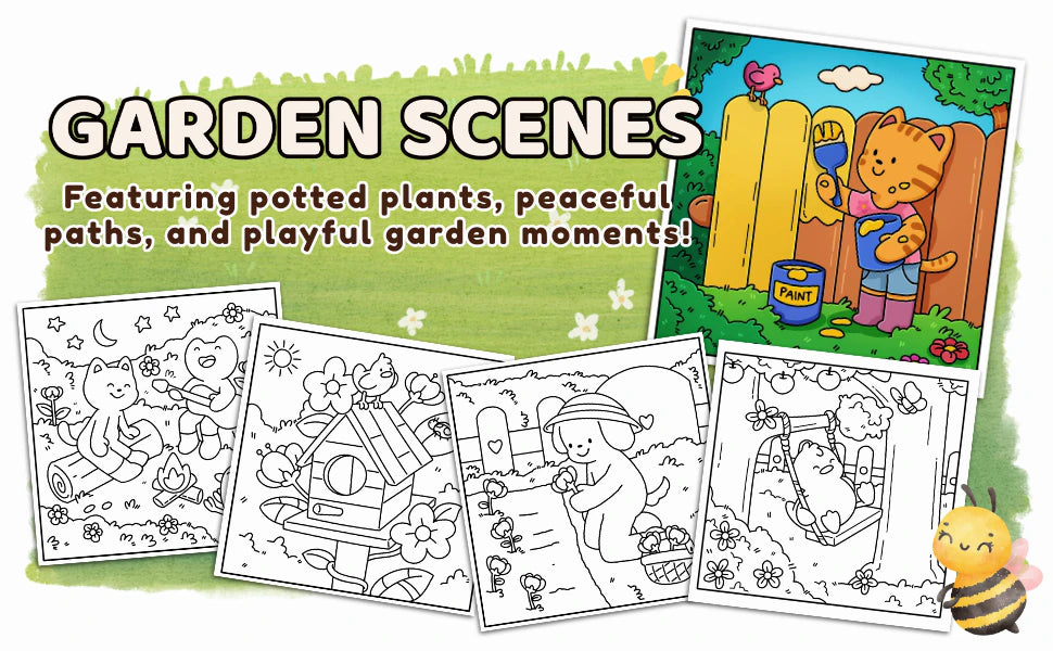 Garden Scenes, featuring potted plants, peaceful paths, and playful garden moments: a kitten painting a fence, colored in, beside four black and white pages.