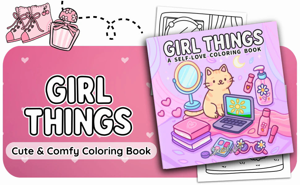 Girl Things, A Self-Love Coloring Book: the cover, with a cat at a laptop among a mirror, books, beauty bottles and sunglasses.