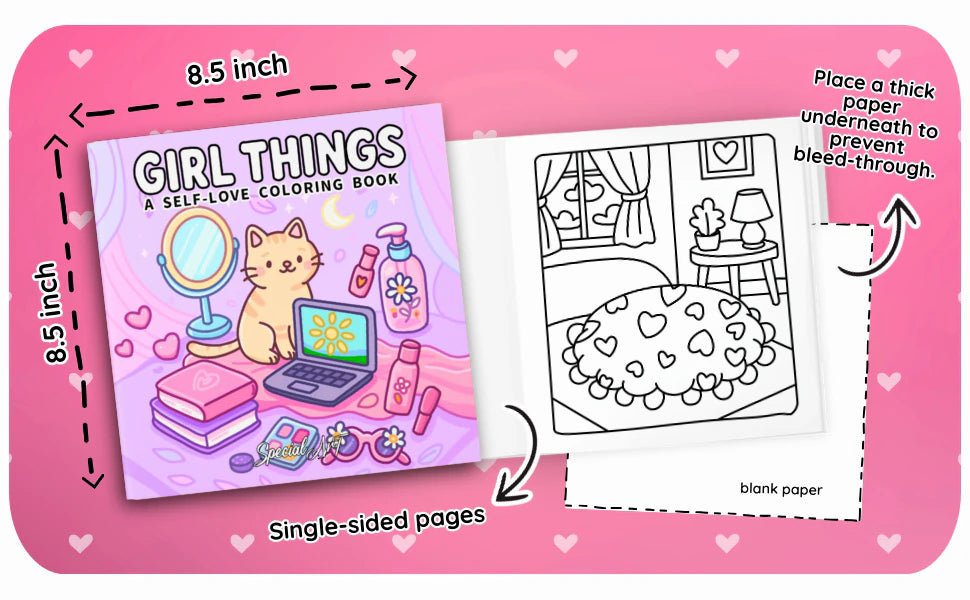 Girl Things is 8.5 by 8.5 inches with single-sided pages and a blank back. A note says: place a thick paper underneath to prevent bleed-through.