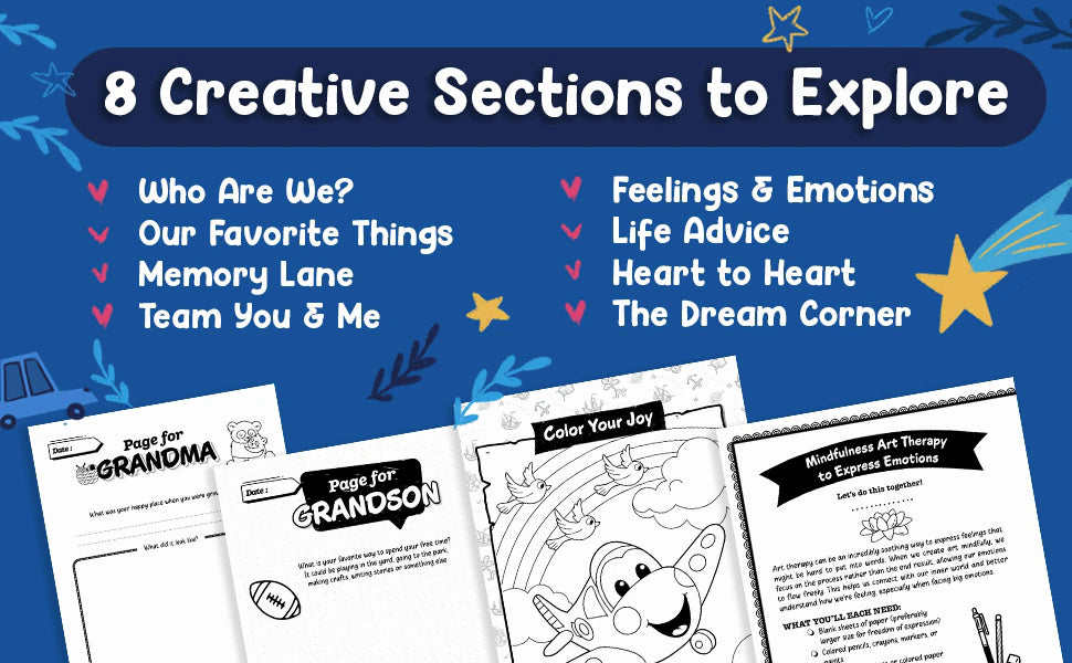 8 Creative Sections to Explore, with pages like Page for Grandma and Crowns of Positivity.