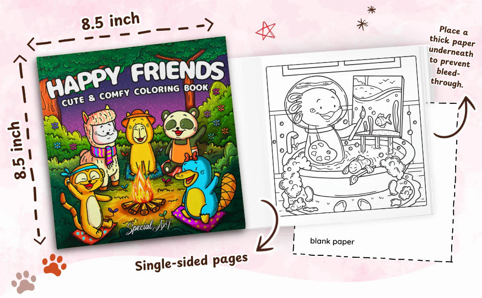 Happy Friends is 8.5 by 8.5 inches with single-sided pages and a blank back. A note says: place a thick paper underneath to prevent bleed-through.