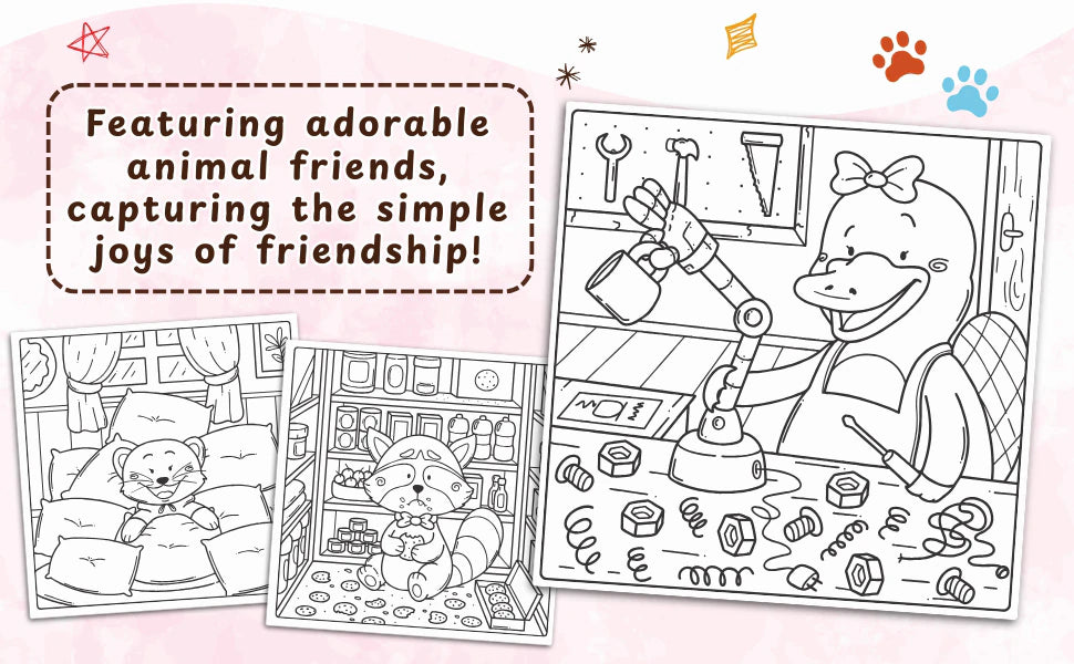 Featuring adorable animal friends, capturing the simple joys of friendship: three black and white pages with a nap among the pillows, a raccoon in the pantry and a platypus building a robot arm.