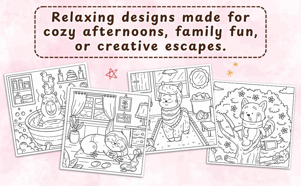 Relaxing designs made for cozy afternoons, family fun, or creative escapes: four black and white pages with a capybara in the bath, a sloth asleep, an alpaca at home and a red panda in a tree.
