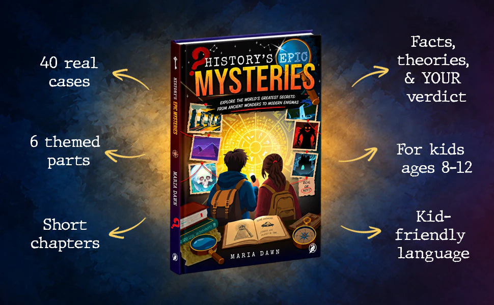 The book surrounded by six notes: 40 real cases, 6 themed parts, short chapters, facts, theories and your verdict, for kids ages 8-12, kid-friendly language.