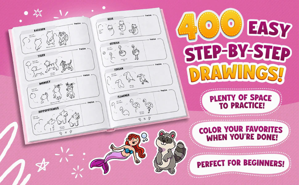 The book open at the raccoon, tiger, monkey, hippopotamus, bear, ostrich, toucan and flamingo, step by step, with the notes: 400 easy step-by-step drawings, plenty of space to practice, color your favorites when you’re done, perfect for beginners.