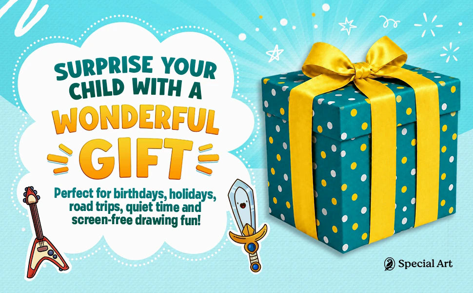 Surprise your child with a wonderful gift: a teal and yellow gift box with a bow. Perfect for birthdays, holidays, road trips and quiet time.