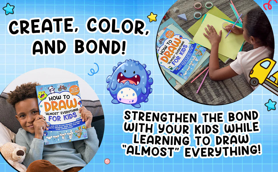 Create, color, and bond: a boy holds up the blue book and a girl draws on the floor next to it.