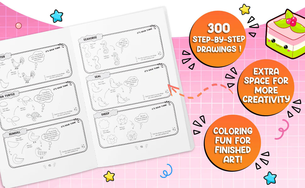 The book open at the seahorse, seal, sheep, seagull and sea turtle, with three notes: 300 step-by-step drawings, extra space for more creativity, coloring fun for finished art.