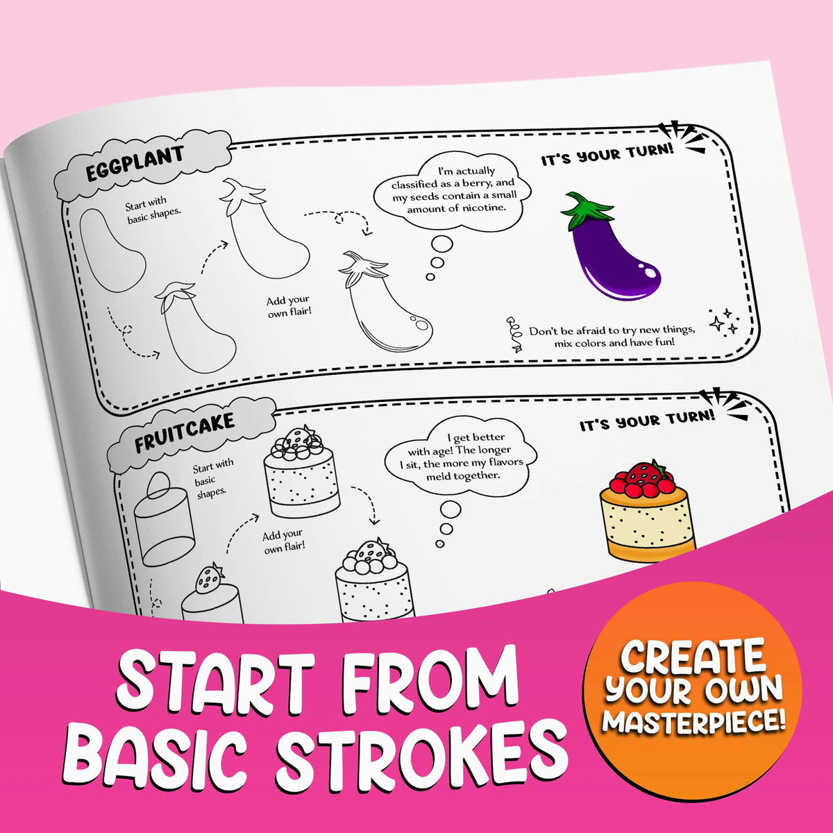 Start from basic strokes: the book open at the eggplant and the fruitcake, drawn step by step. Create your own masterpiece.