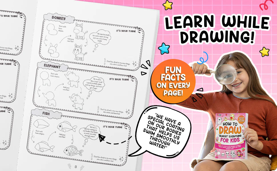Learn while drawing: the book open at the donkey, elephant and fish, a fun fact about fish and a girl with a magnifying glass holding the pink book.