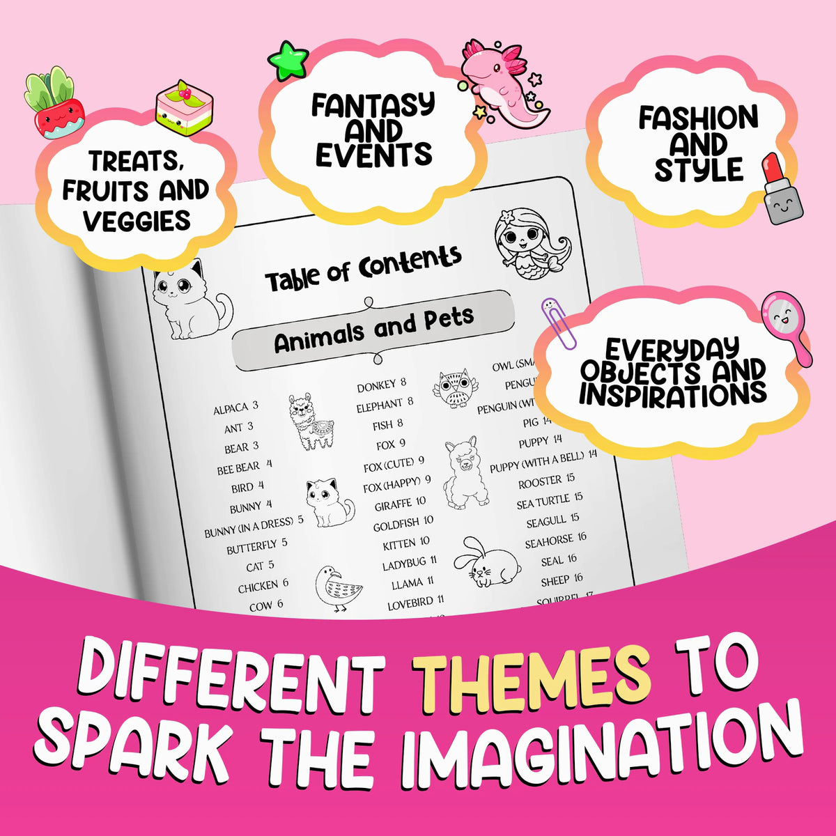 Different themes to spark the imagination: the table of contents with Animals and Pets, among clouds with Treats, Fruits and Veggies, Fantasy and Events, Fashion and Style, Everyday Objects and Inspirations.