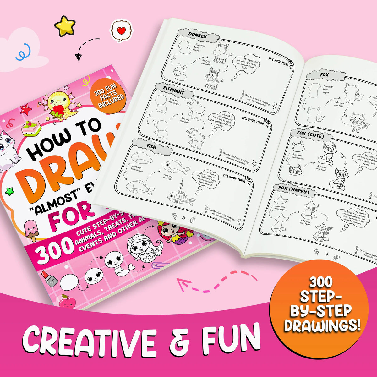 Creative and fun: the book open at the donkey, elephant, fish and fox, next to the pink cover