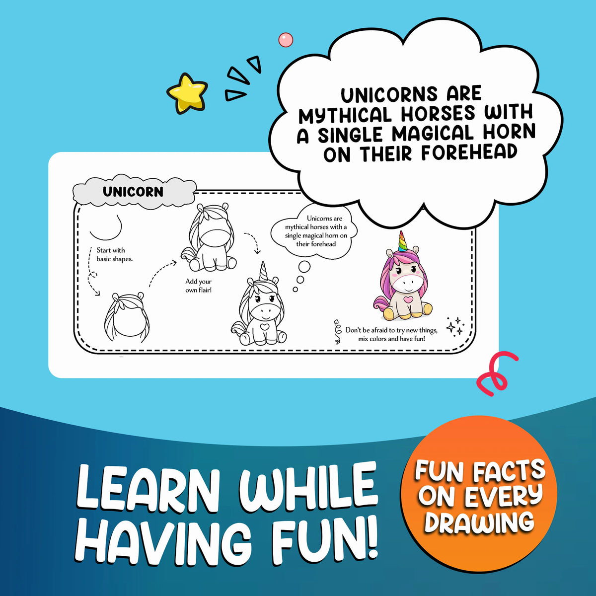 Learn while having fun: the unicorn page with a fun fact in a speech bubble.