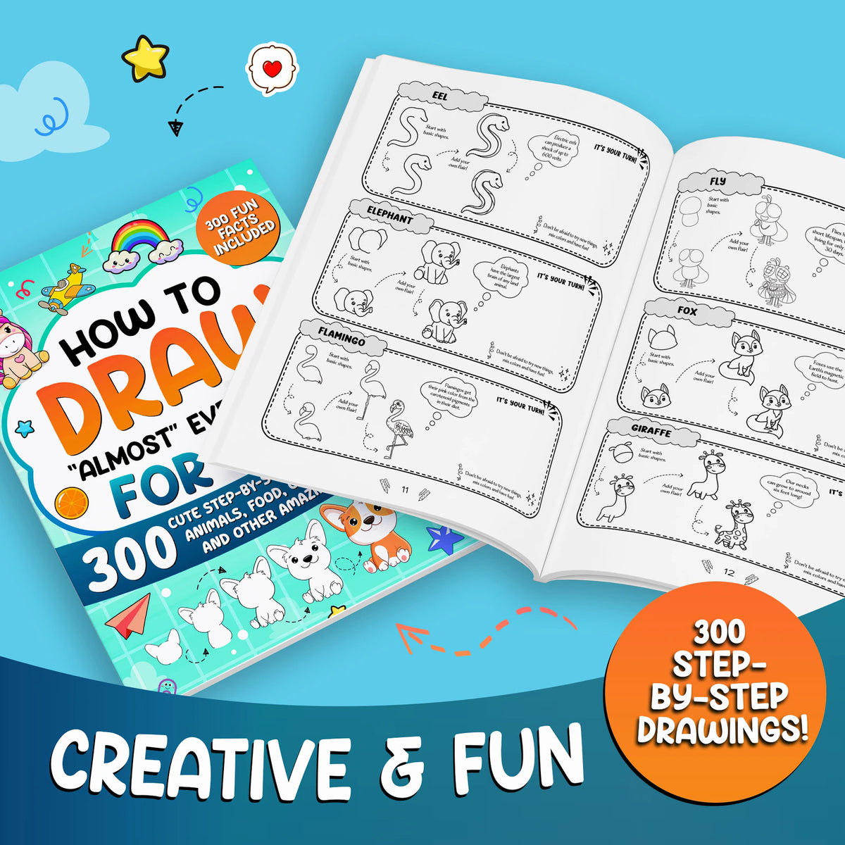 The book open with step-by-step drawings: creative and fun
