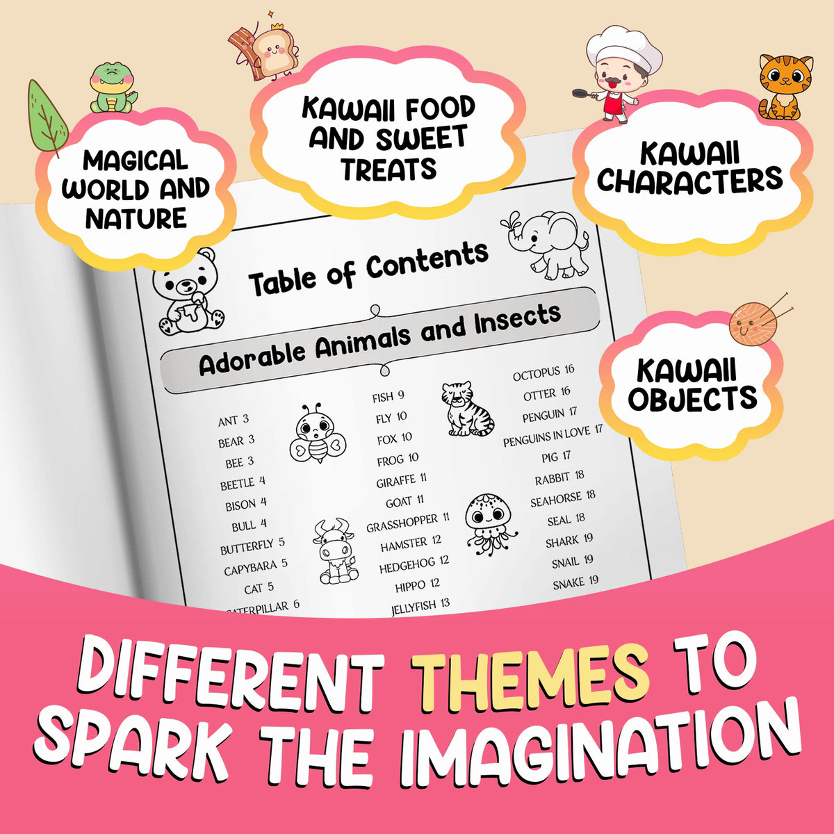 Different themes to spark the imagination: the table of contents with Magical World and Nature, Kawaii Food and Sweet Treats, Kawaii Characters, Kawaii Objects.