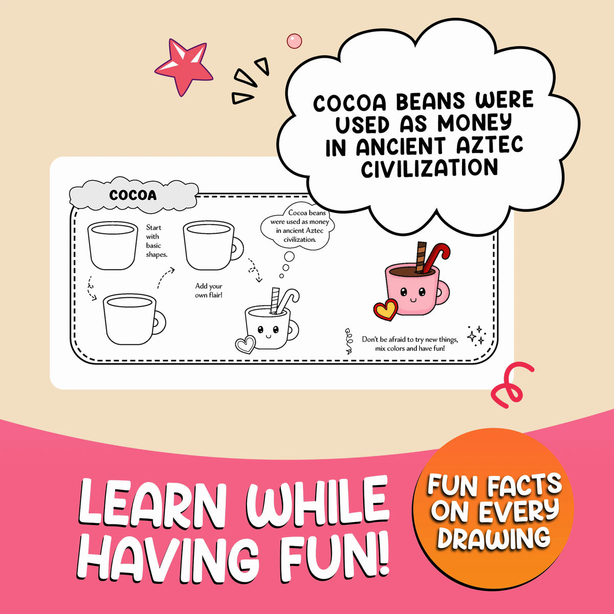 Learn while having fun: the cocoa page with a fun fact in a cloud.