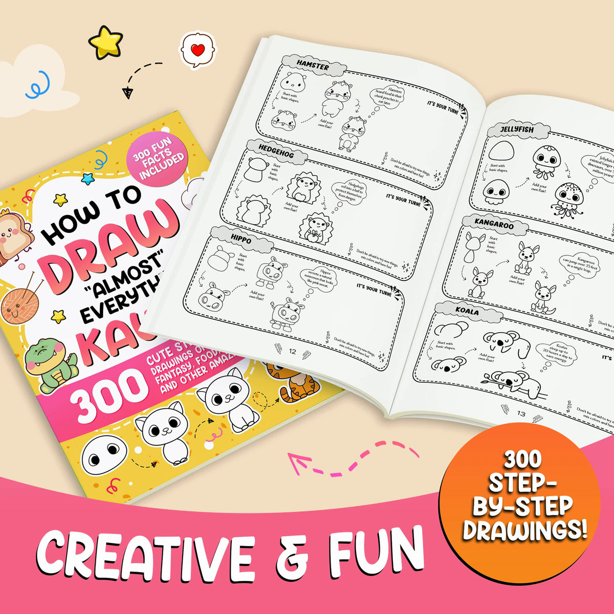 The book open with step-by-step drawings: creative and fun