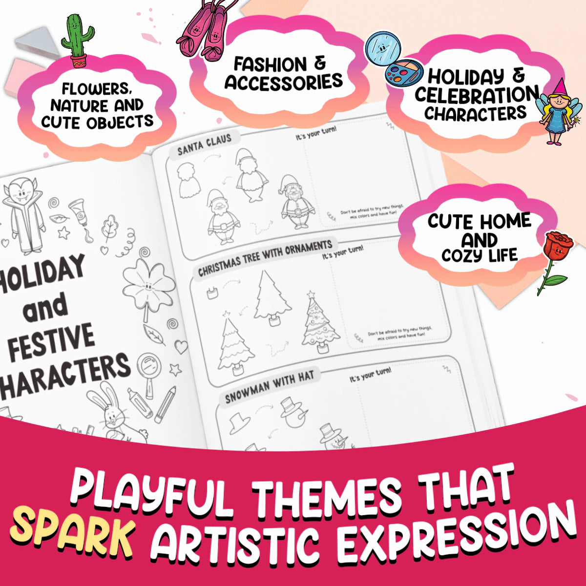 Playful themes that spark artistic expression: the Holiday and Festive Characters chapter, with Santa Claus, a Christmas tree and a snowman, among clouds with the other themes.