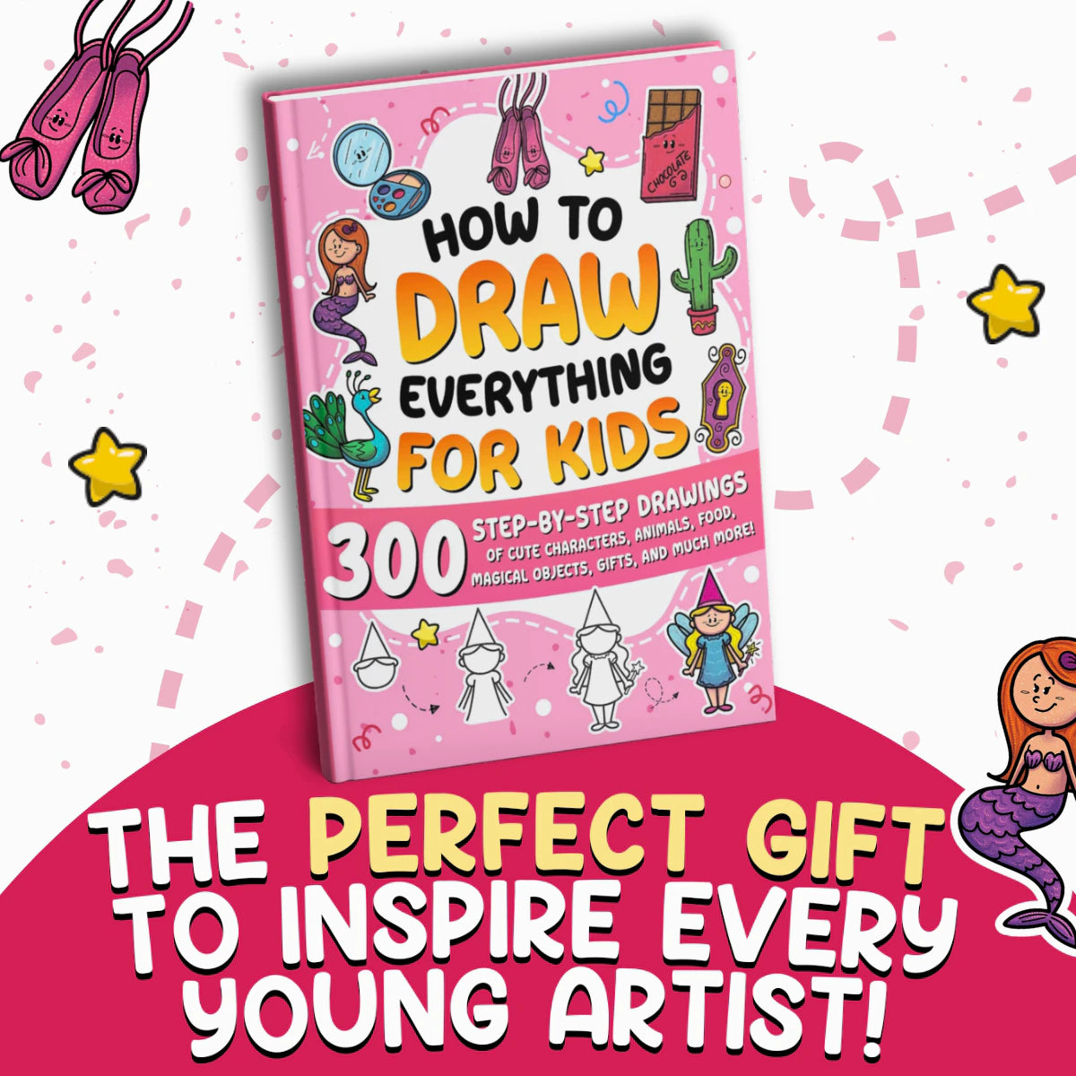 The perfect gift to inspire every young artist: the pink book among doodles and a mermaid