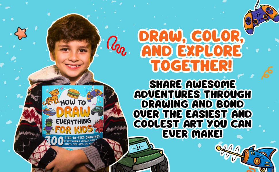 Draw, color, and explore together: a smiling boy holds How to Draw Everything for Kids, among a game controller, a monster truck and a space blaster.