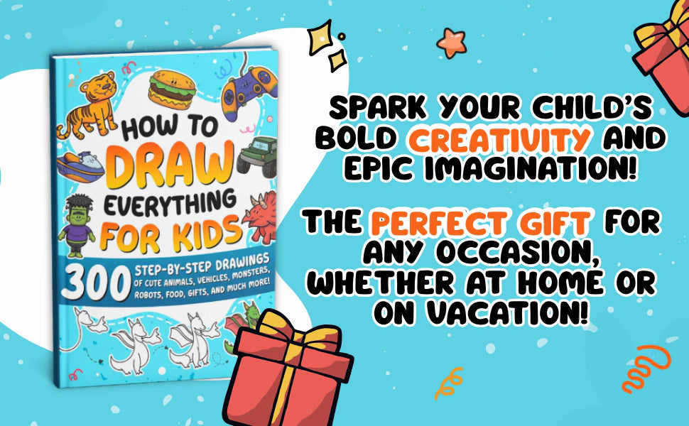 Spark your child’s bold creativity and epic imagination: the book next to two gift boxes. The perfect gift for any occasion, whether at home or on vacation.