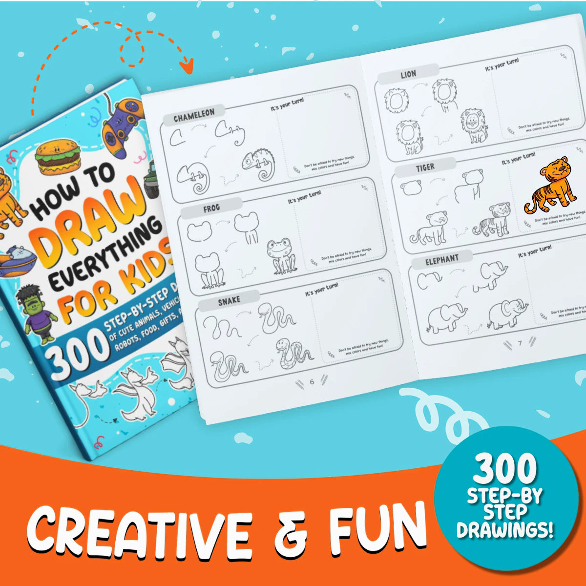 Creative and fun: the book open at the chameleon, frog, snake, lion, tiger and elephant, next to the cover