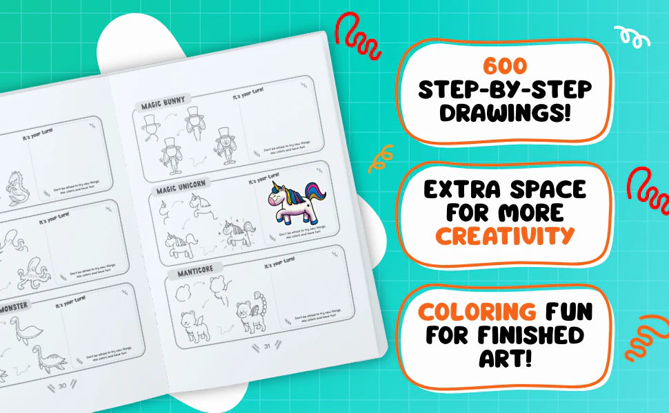 The book open at the magic bunny, magic unicorn and manticore, with three notes: 600 step-by-step drawings, extra space for more creativity, coloring fun for finished art.