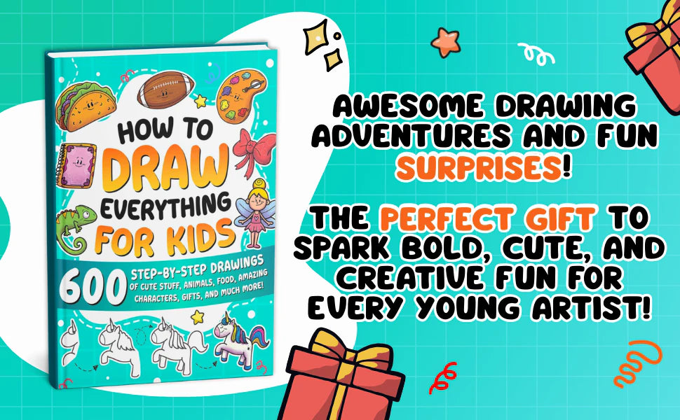 Awesome drawing adventures and fun surprises: the book next to two gift boxes. The perfect gift to spark bold, cute, and creative fun for every young artist.
