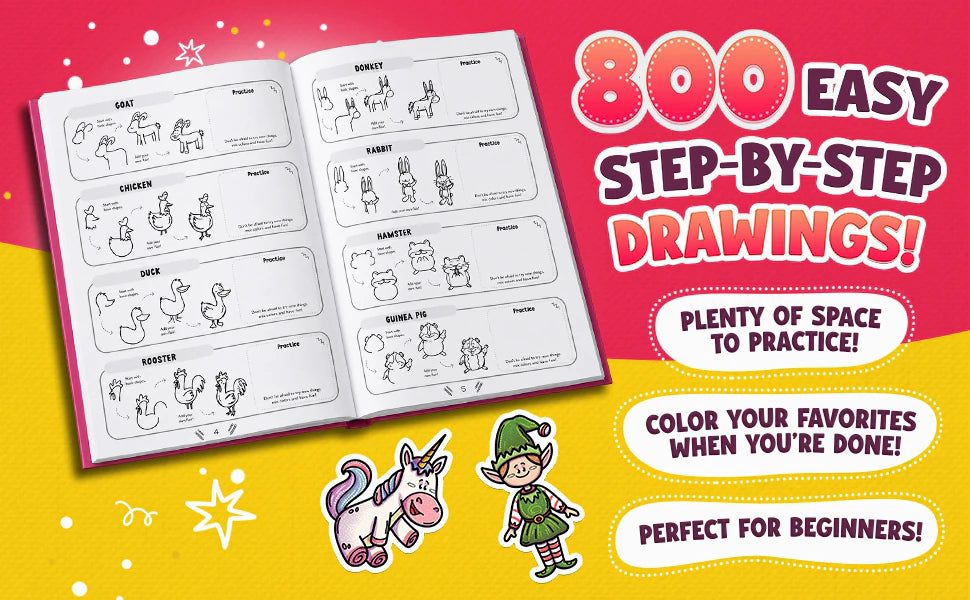 The book open at the goat, chicken, duck, rooster, donkey, rabbit, hamster and guinea pig, step by step, with the notes: 800 easy step-by-step drawings, plenty of space to practice, color your favorites when you’re done, perfect for beginners.
