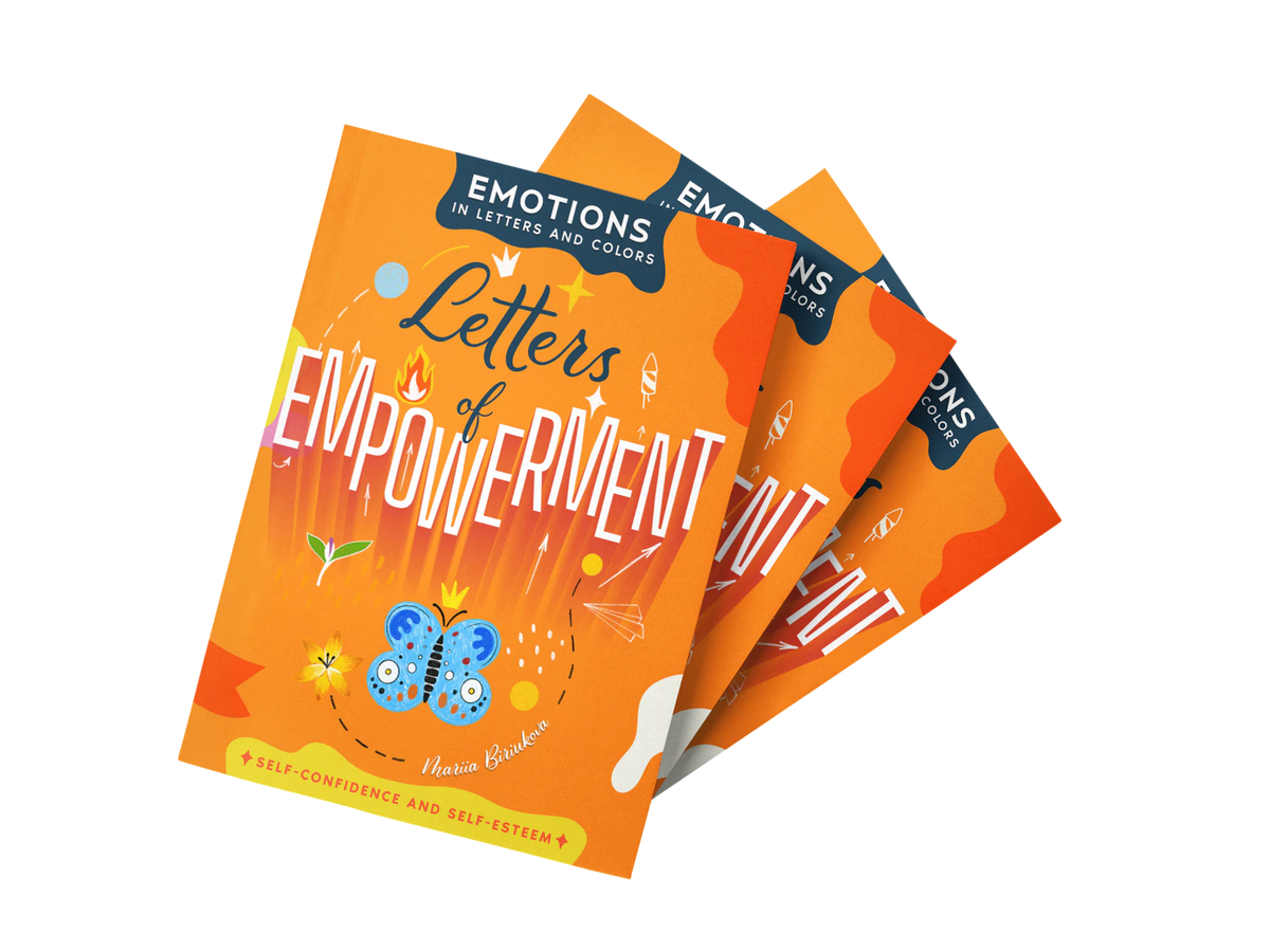 Three copies of Letters of Empowerment fanned out: orange covers with a blue butterfly.