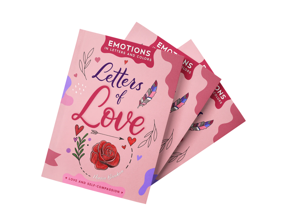 Three copies of Letters of Love fanned out: pink covers with a red rose.