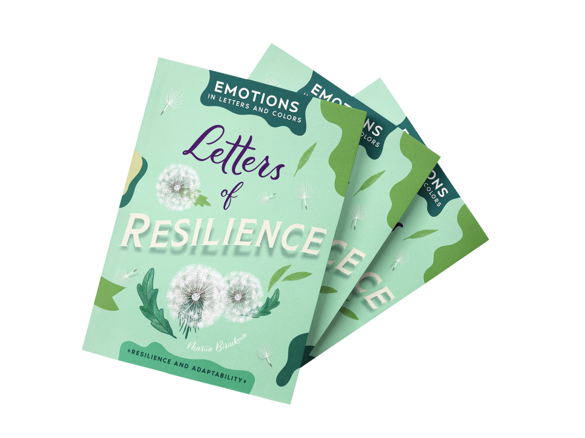 Three copies of Letters of Resilience fanned out: mint green covers with dandelions.