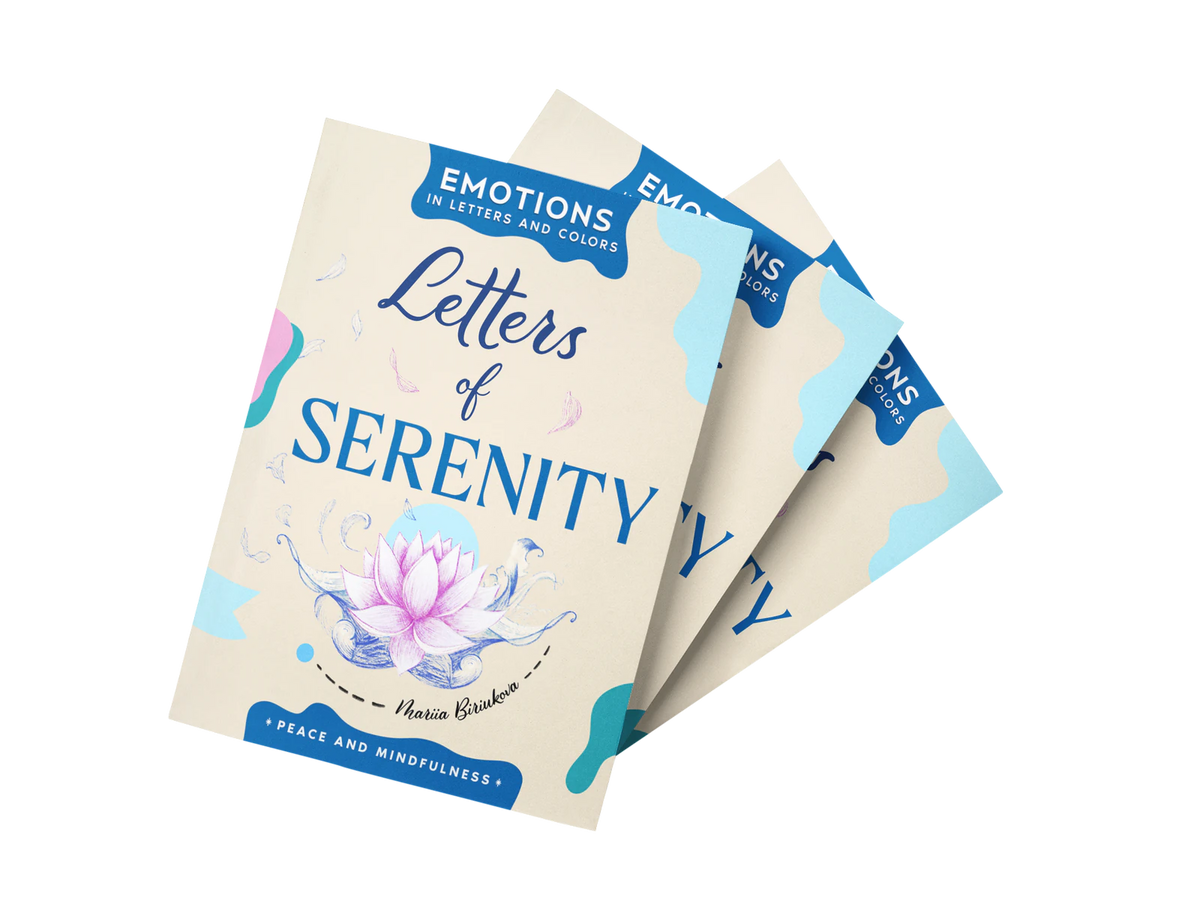 Three copies of Letters of Serenity fanned out: cream covers with a pink lotus.