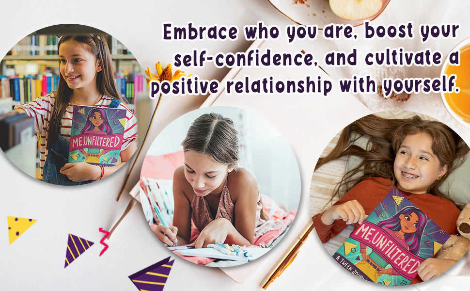 Three girls with Me, Unfiltered: one holds it in a library, one writes lying on her bed, one smiles with the journal. Embrace who you are and boost your self-confidence.