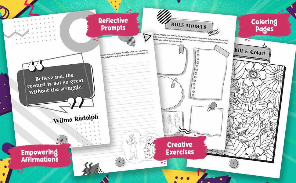 Inside pages of Me, Unfiltered: Empowering Affirmations with a Wilma Rudolph quote, Reflective Prompts, Creative Exercises (Role Models) and Coloring Pages (Chill & Color!).