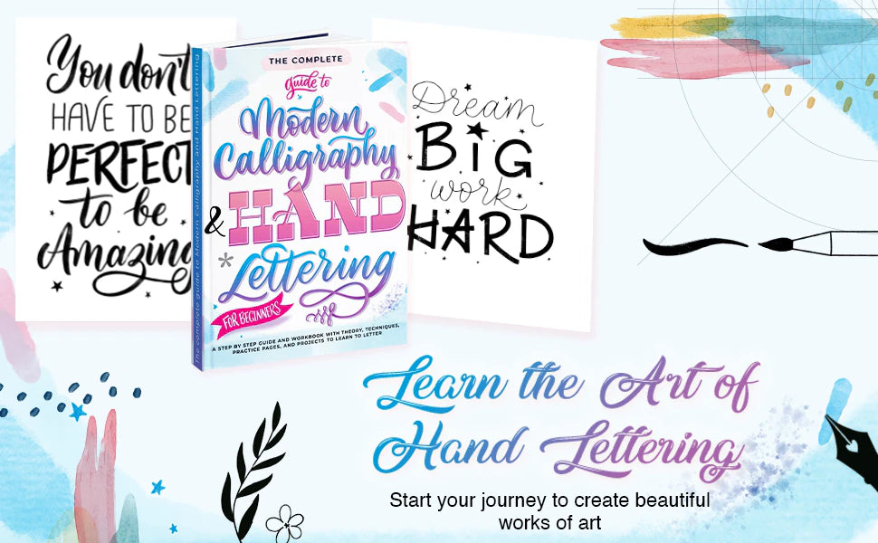 Learn the art of hand lettering: the guide next to lettering cards that read You don’t have to be perfect to be amazing and Dream big, work hard.