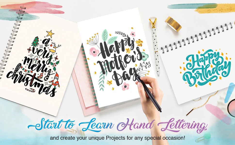 Start to learn hand lettering and create your unique projects for any special occasion: Merry Christmas, Happy Mother’s Day and Happy Birthday designs.