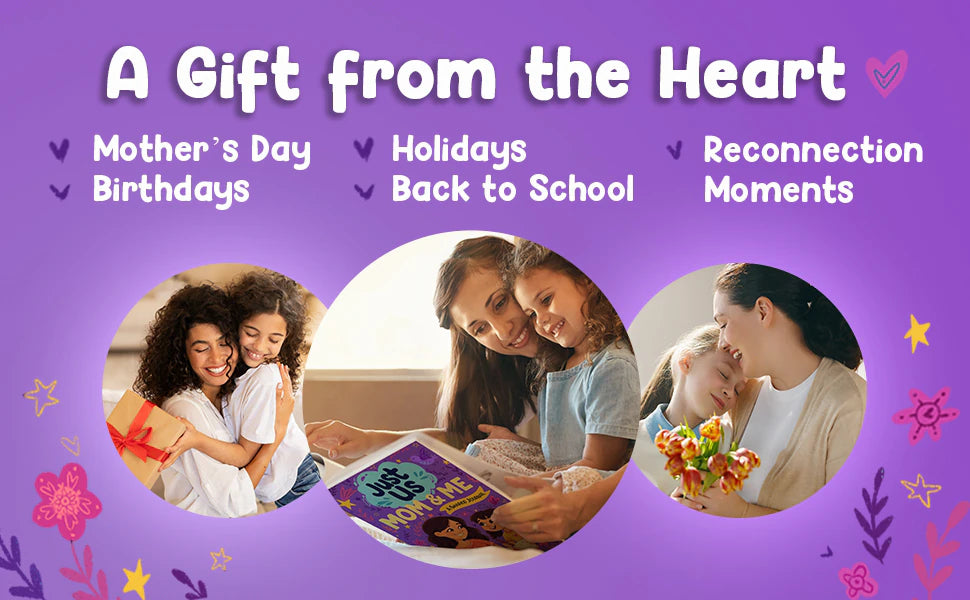 A Gift from the Heart: three photos of moms and daughters: a hug with a gift, Just Us Mom & Me open between them, a bunch of flowers.