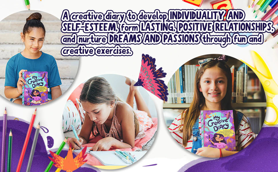 Three girls with My Creative Diary: one holds it, one writes lying on the floor, one smiles in a library.