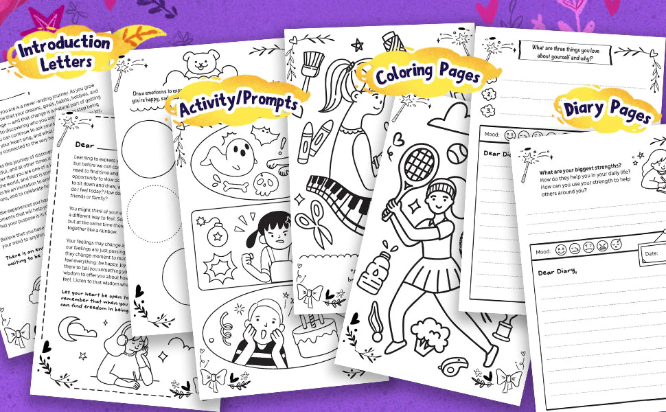Inside pages of My Creative Diary: Introduction Letters, Activity/Prompts, Coloring Pages and Diary Pages.