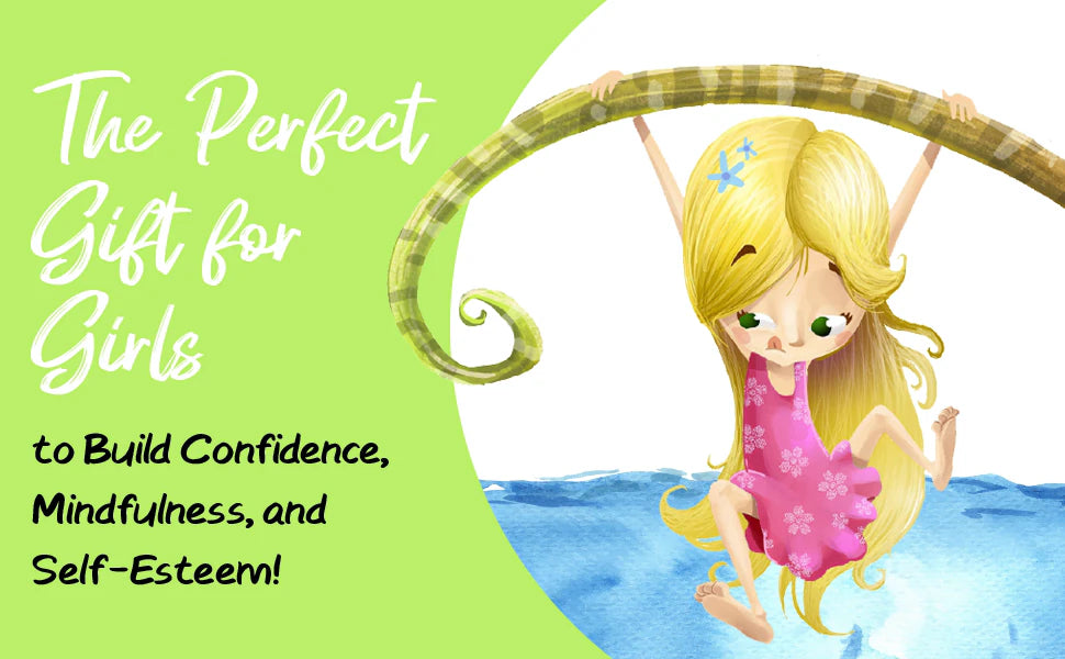 The perfect gift for girls to build confidence and self-esteem: a blonde girl swings from a branch over the water.