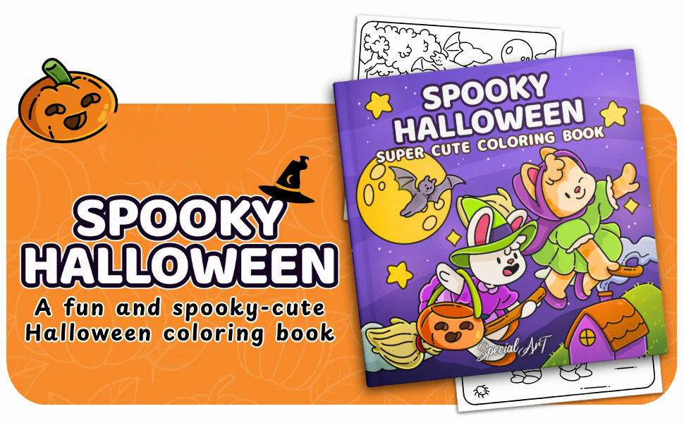 Spooky Halloween, Super Cute Coloring Book: the cover, with two little witches on broomsticks under a full moon.