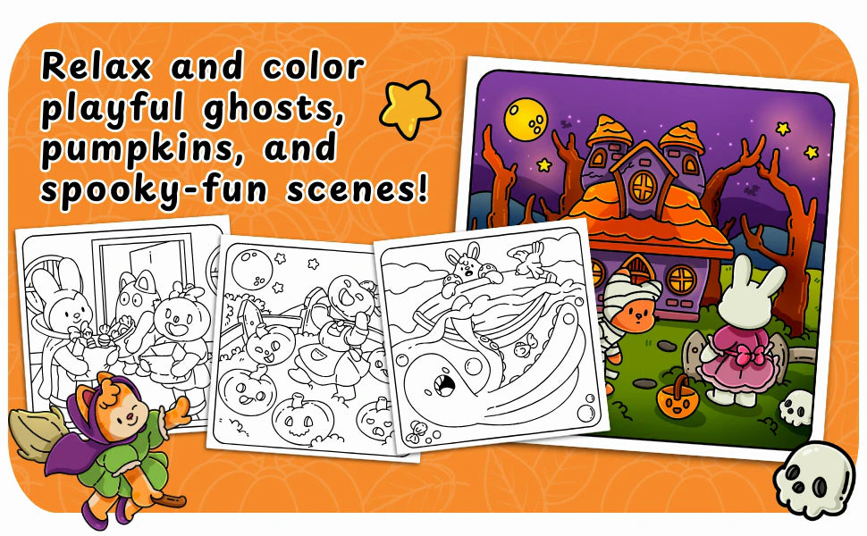 A colored haunted house with trick-or-treaters beside three black and white pages: relax and color playful ghosts, pumpkins and spooky-fun scenes.